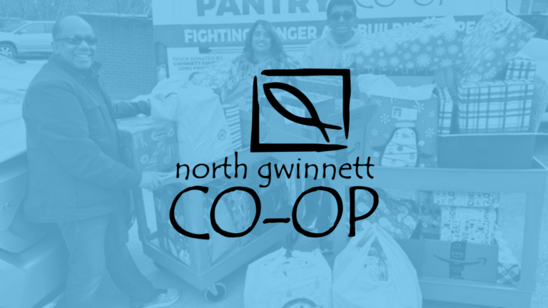 North Gwinnett Co-Op nonprofit organization logo on top of a photo of Norcross co-op volunteers