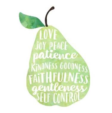 The fruit of the Spirit listed on a green pear