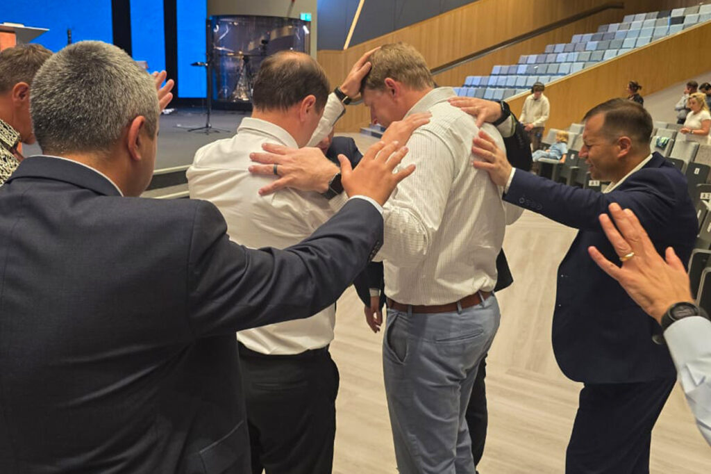 Jeff Norris is prayed over on a recent visit to Betania Church in Ireland.