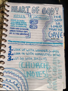 A photo of a student's hand-drawn sermon notes